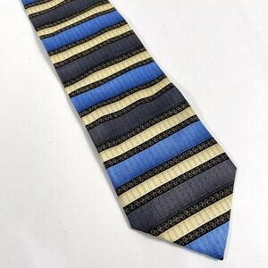 Renzo Men's Classic Necktie 64" Polyester Blue & Gold Stripe Hand Made Tie